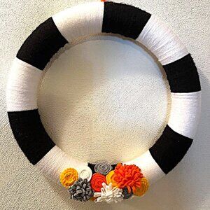Minimalist Black White yarn & felt simple Autumn Fall Handmade Wreath 14" round